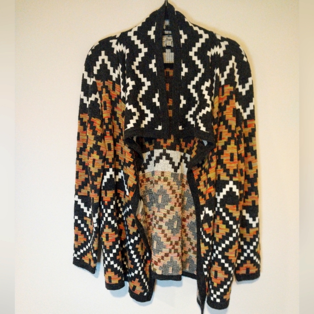 Bass Gray and Orange Southwestern Cotton Blend Open Cardigan